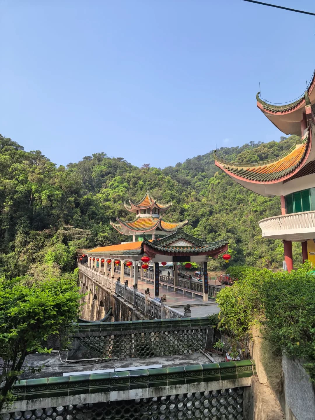 Qingyun Temple buildings and covered bridge among the forest of Dinghu Mountain