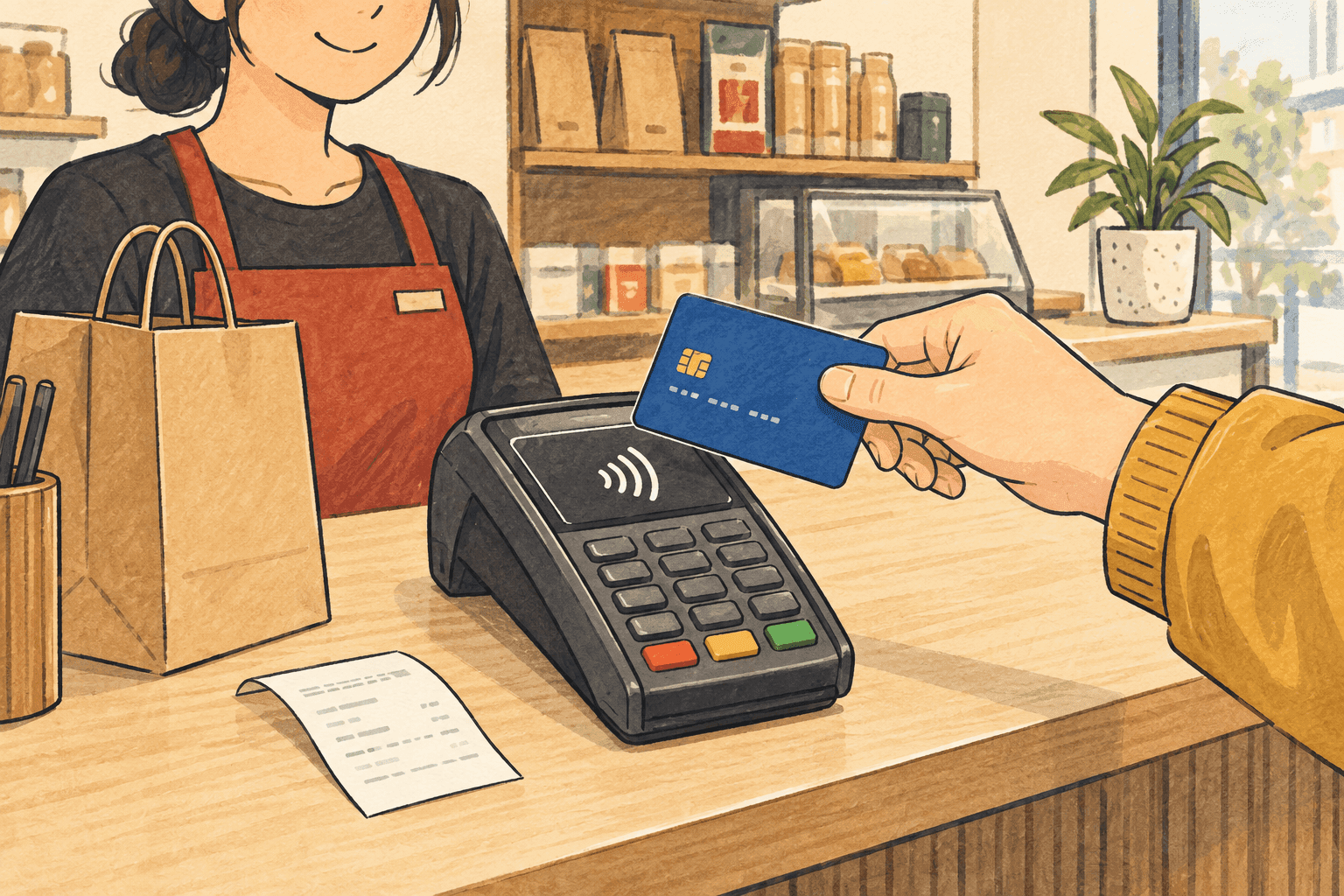 Illustration of a traveller holding a physical bank card over a shop’s contactless terminal.
