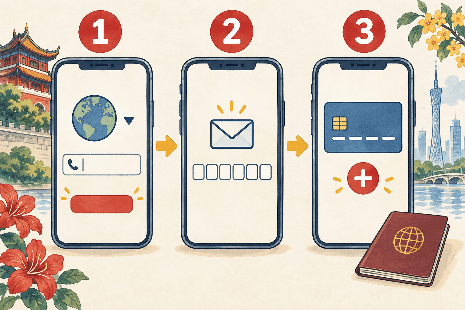 Three illustrated steps: register with a phone number, enter the verification code, then link a bank card.