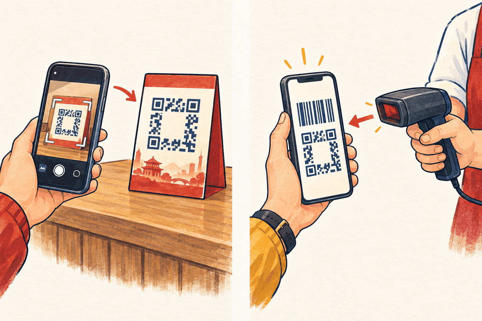 Left: a traveller scans the merchant’s QR placard. Right: the cashier scans a payment code on the traveller’s phone.