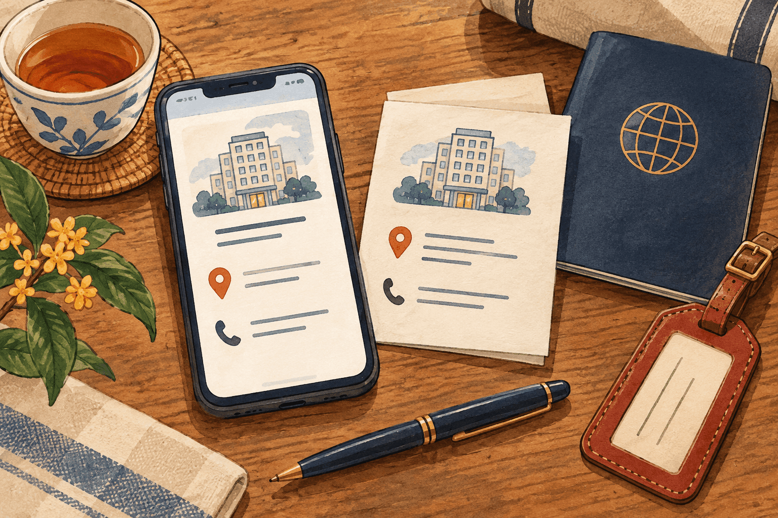 Illustration of a saved hotel address on a phone, a matching paper backup and a passport.