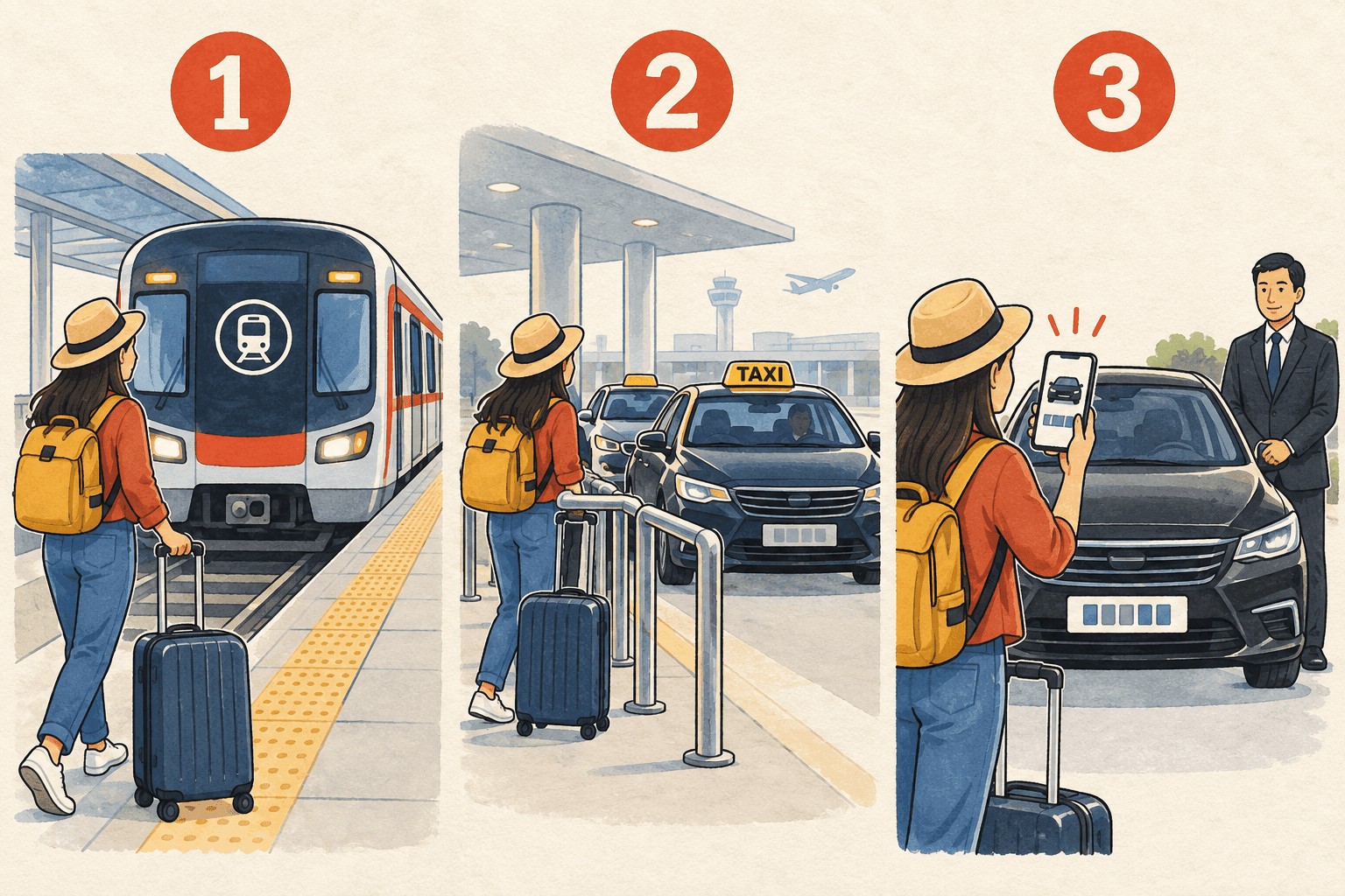 Three airport transport choices: rail on the left, a designated taxi queue in the middle, and checking a booked car on the right.