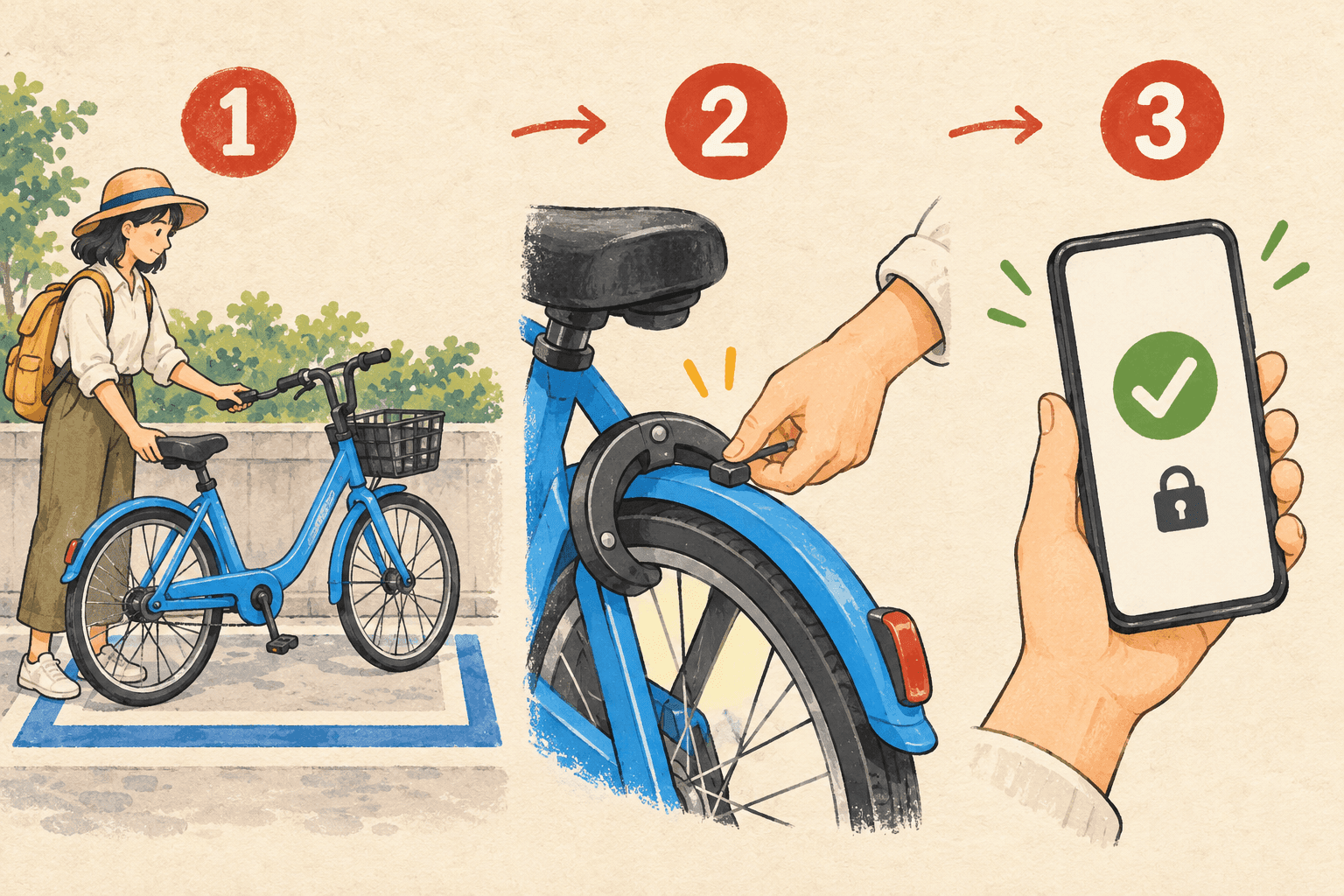 Shared-bike return illustrated: park inside the designated bay, close the lock, then check that the rental has ended on your phone.