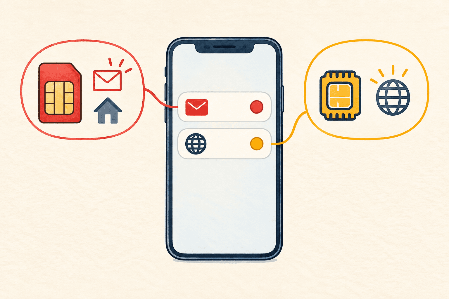Two lines on one phone: the red home line on the left receives SMS; the yellow travel line on the right supplies data.