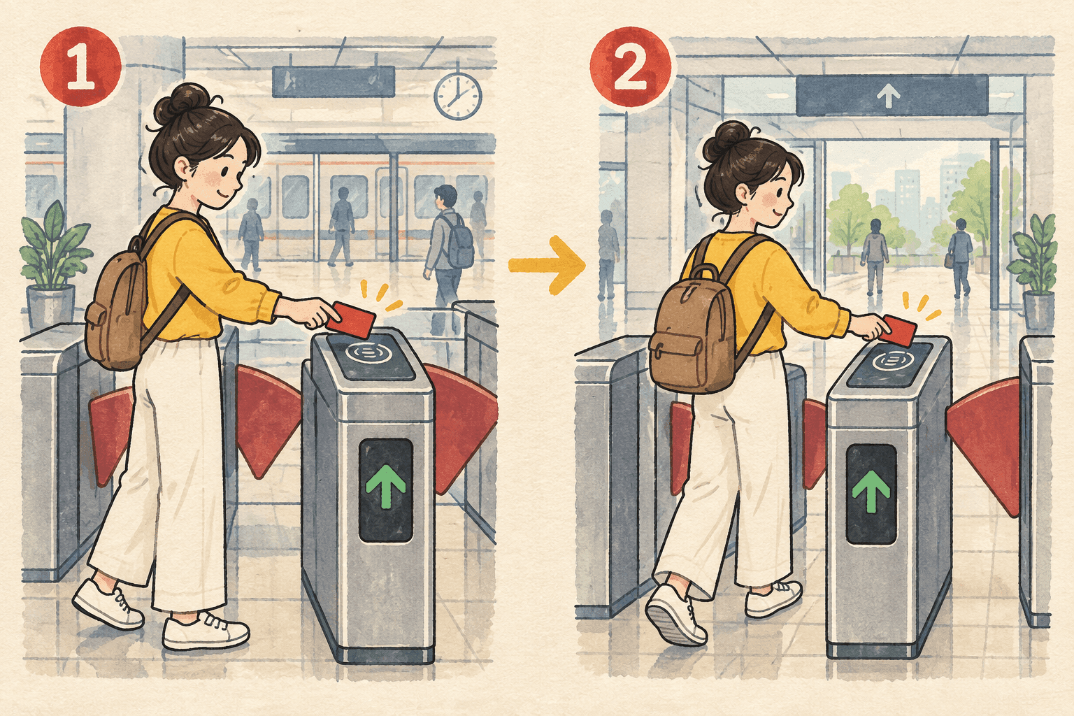 Two moments of one metro journey: the same traveller taps the same red contactless card at entry and exit.