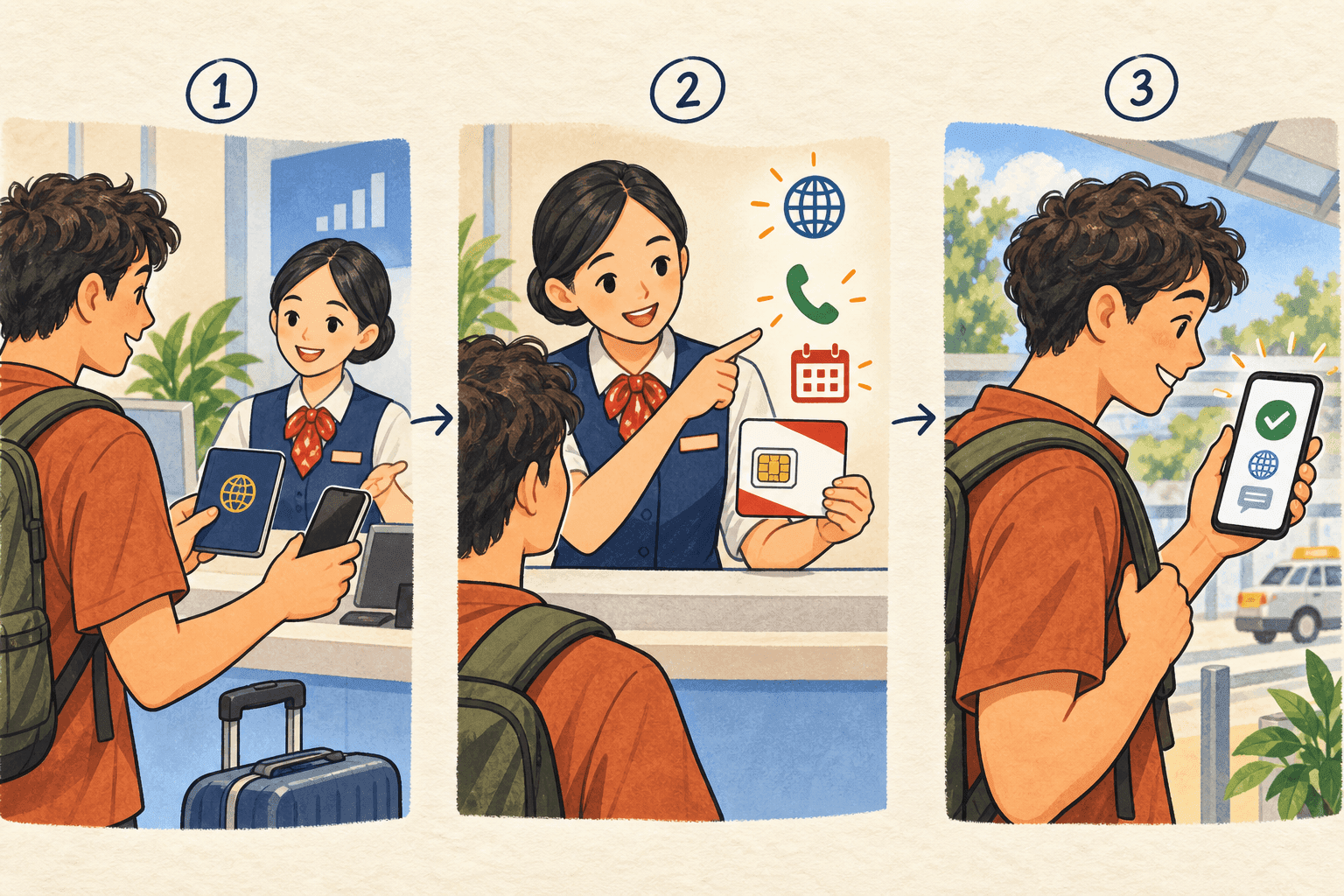 Illustrated SIM purchase: show your passport and phone, check the plan, then test data and messages at the counter.