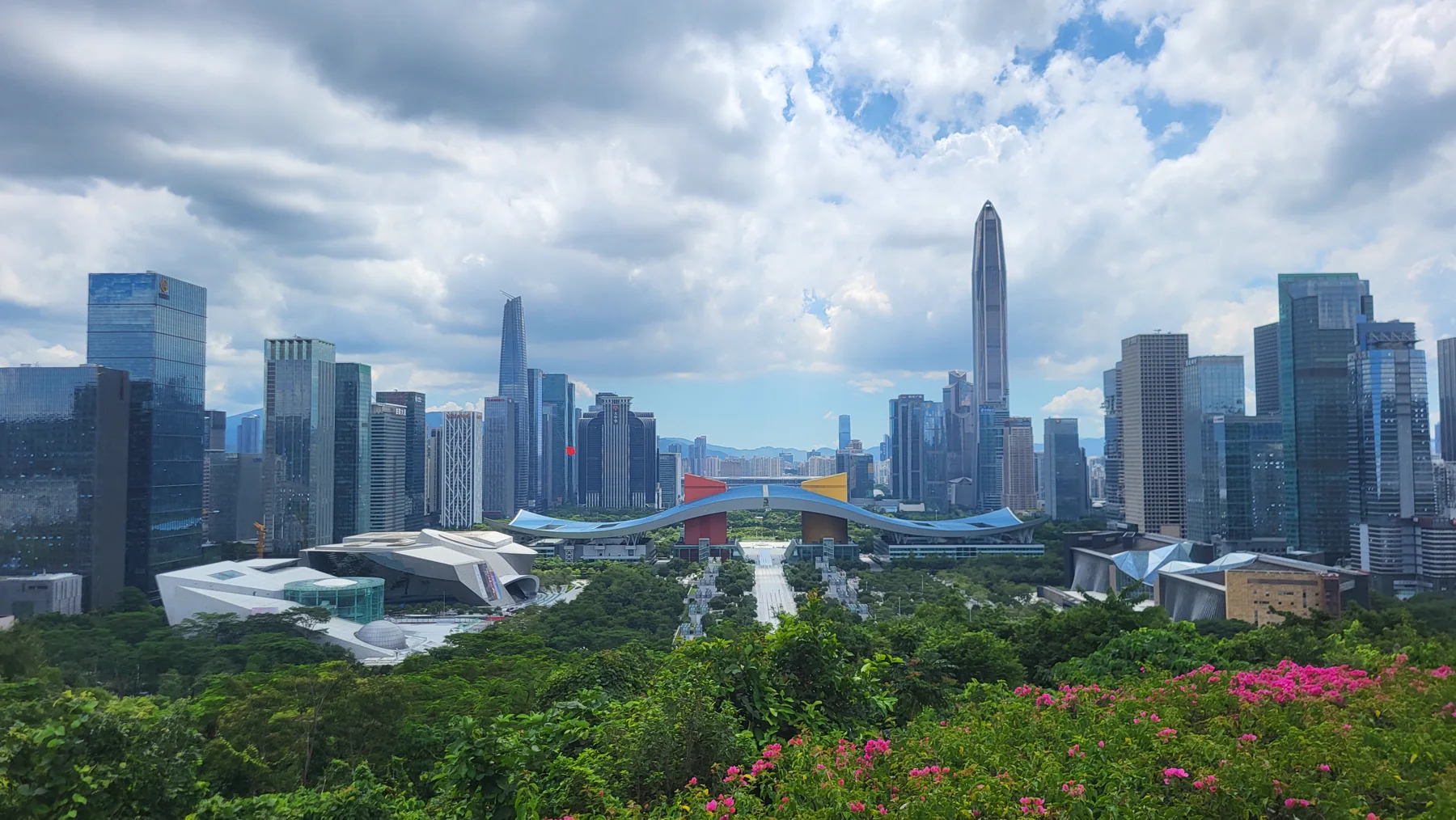 Shenzhen Civic Center and the Futian skyline viewed from Lianhuashan Park
