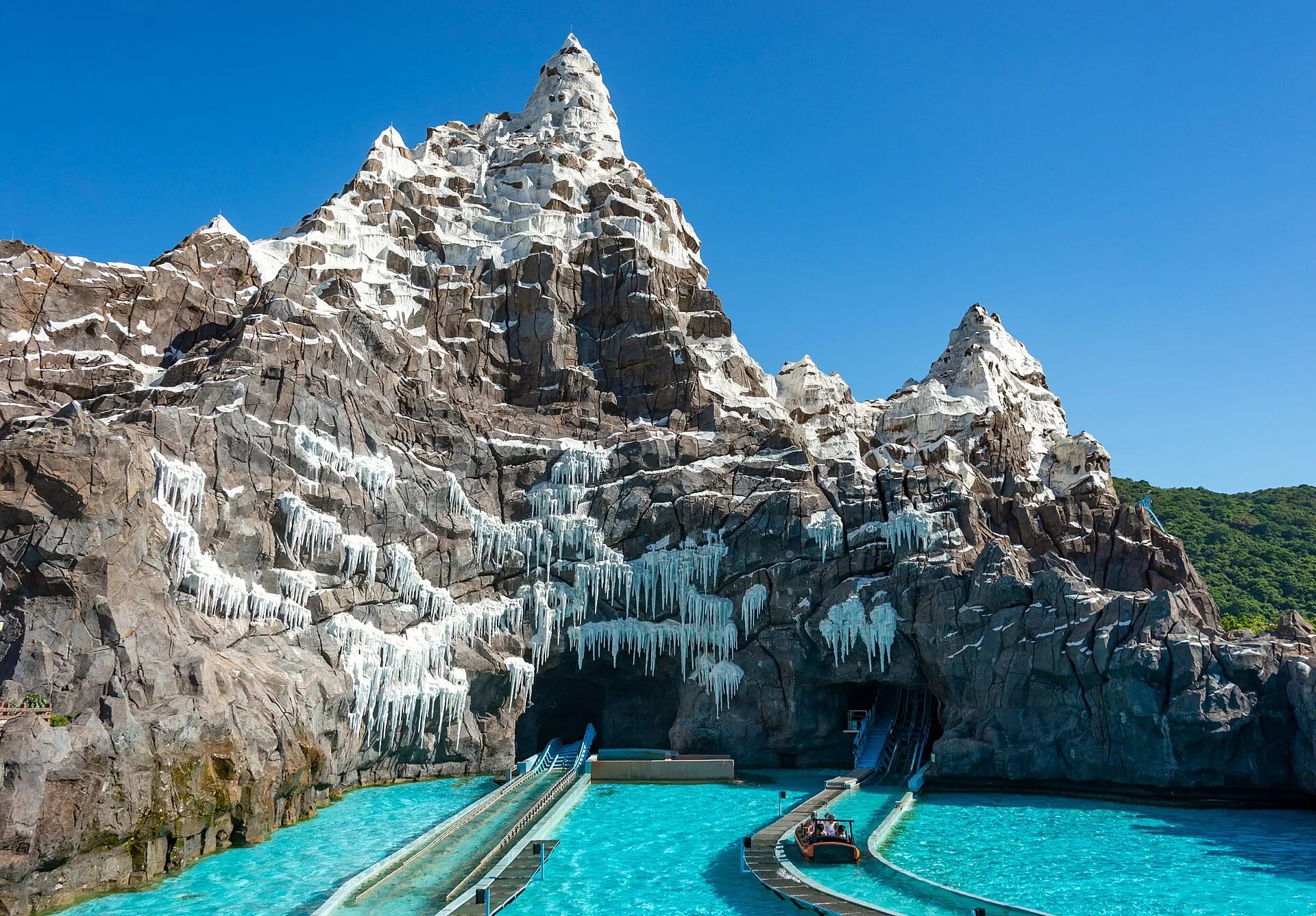 Water ride among artificial mountain scenery at Ocean Kingdom