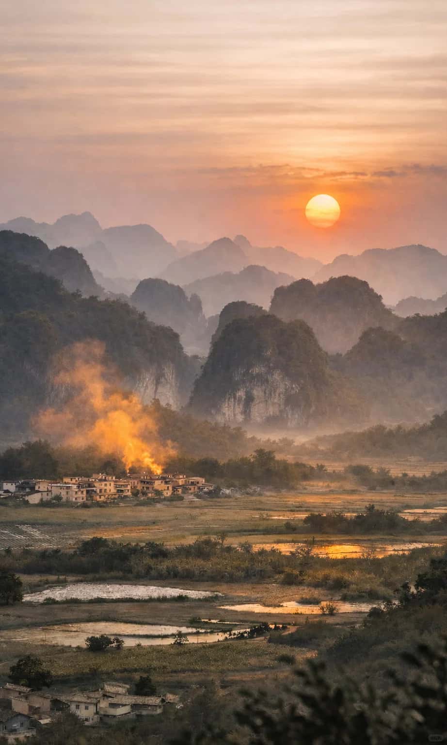 Layered karst peaks above fields and a village at sunset in the Yingxi Peak Forest area