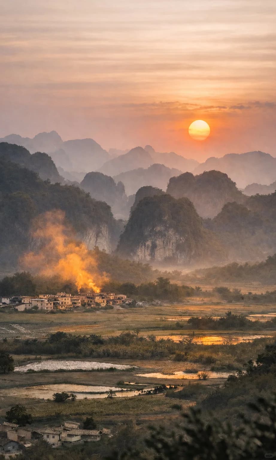Layered karst peaks above fields and a village at sunset in the Yingxi Peak Forest area