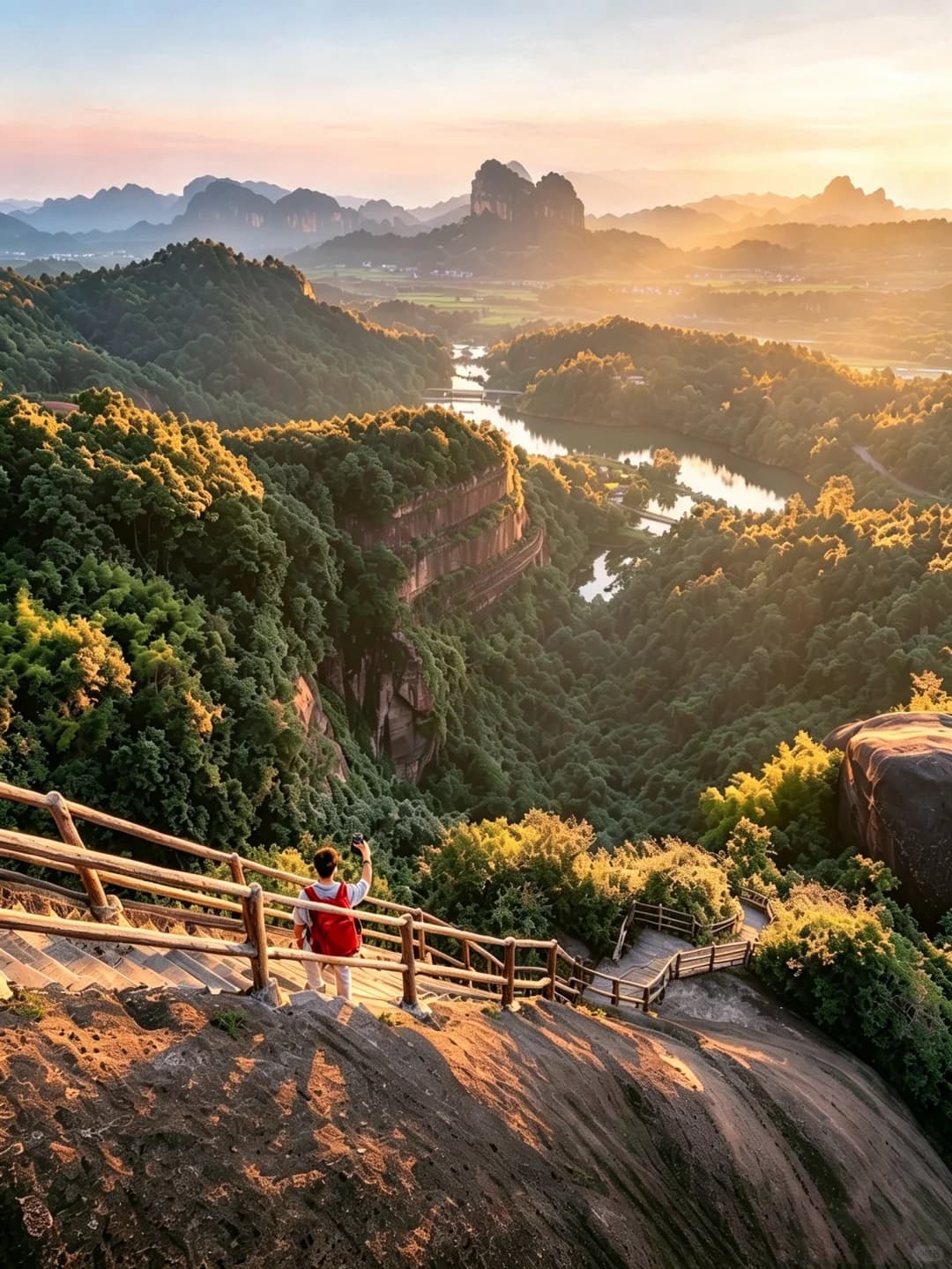 Sunlit red cliffs above a winding river at Mount Danxia, Shaoguan