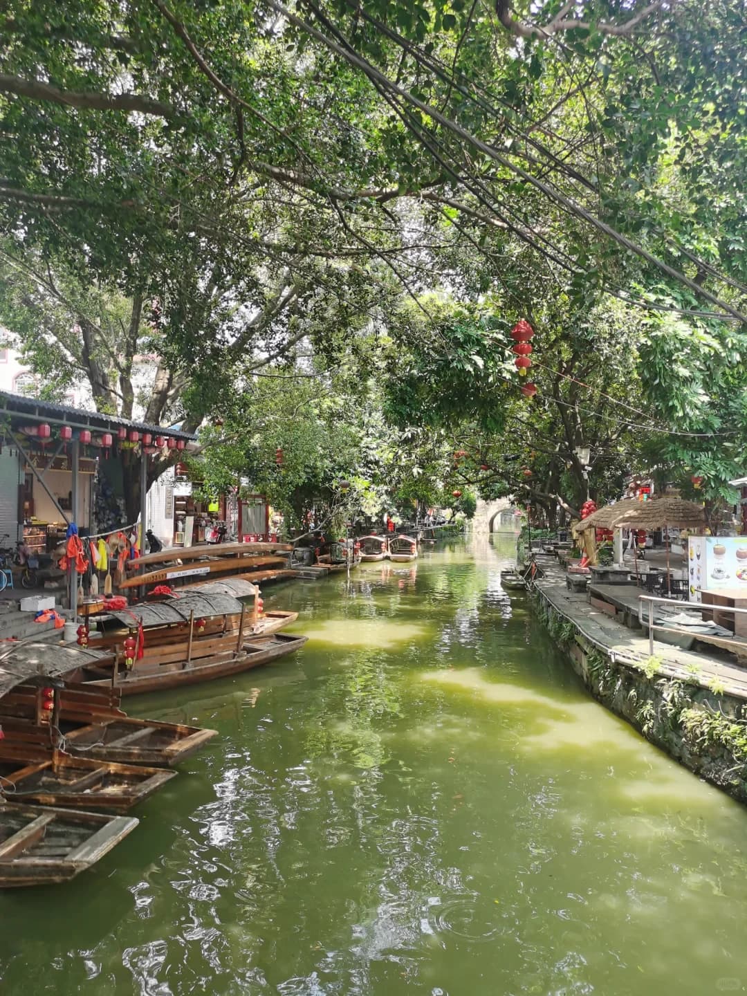 Boats and old village buildings beside a shaded Fengjian waterway