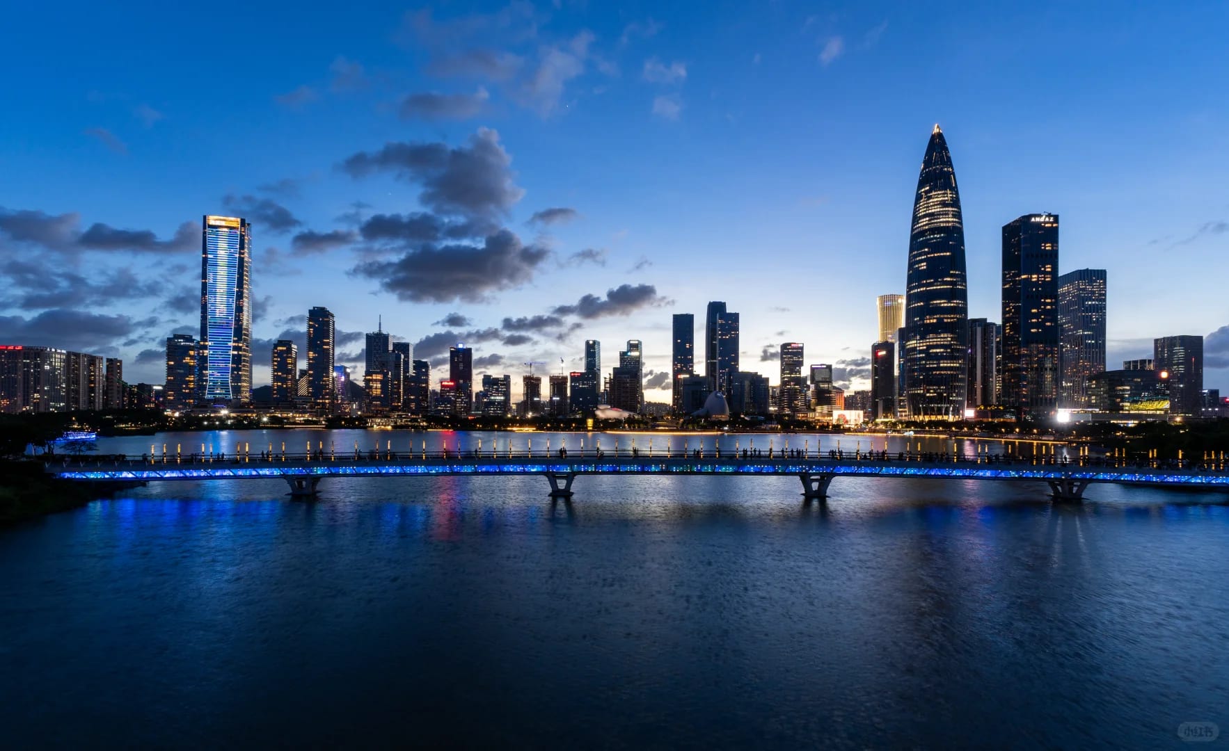 Houhai Bridge and the Shenzhen skyline seen from Talent Park at blue hour