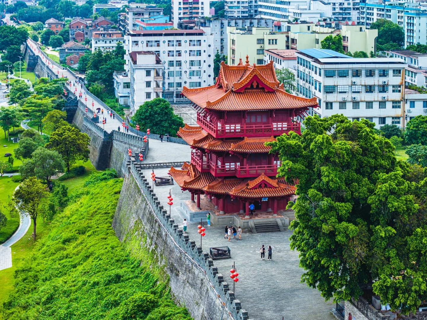 Aerial view of Piyun Tower and the surviving Zhaoqing Ancient City Wall