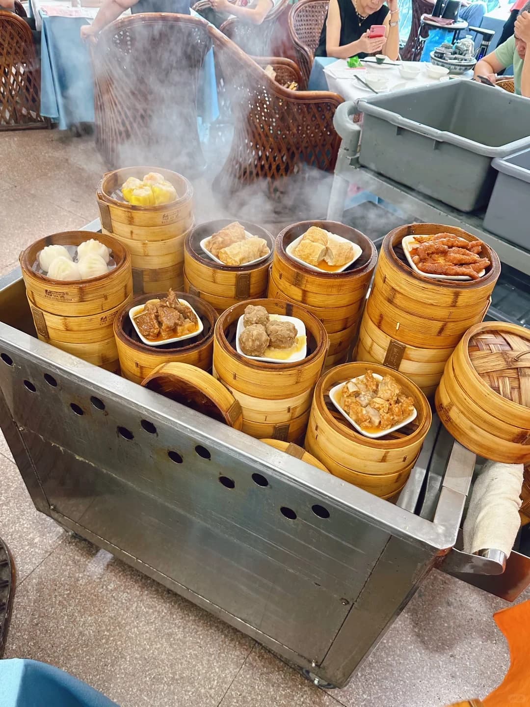A steaming dim sum trolley inside Meiyuan in Zhaoqing