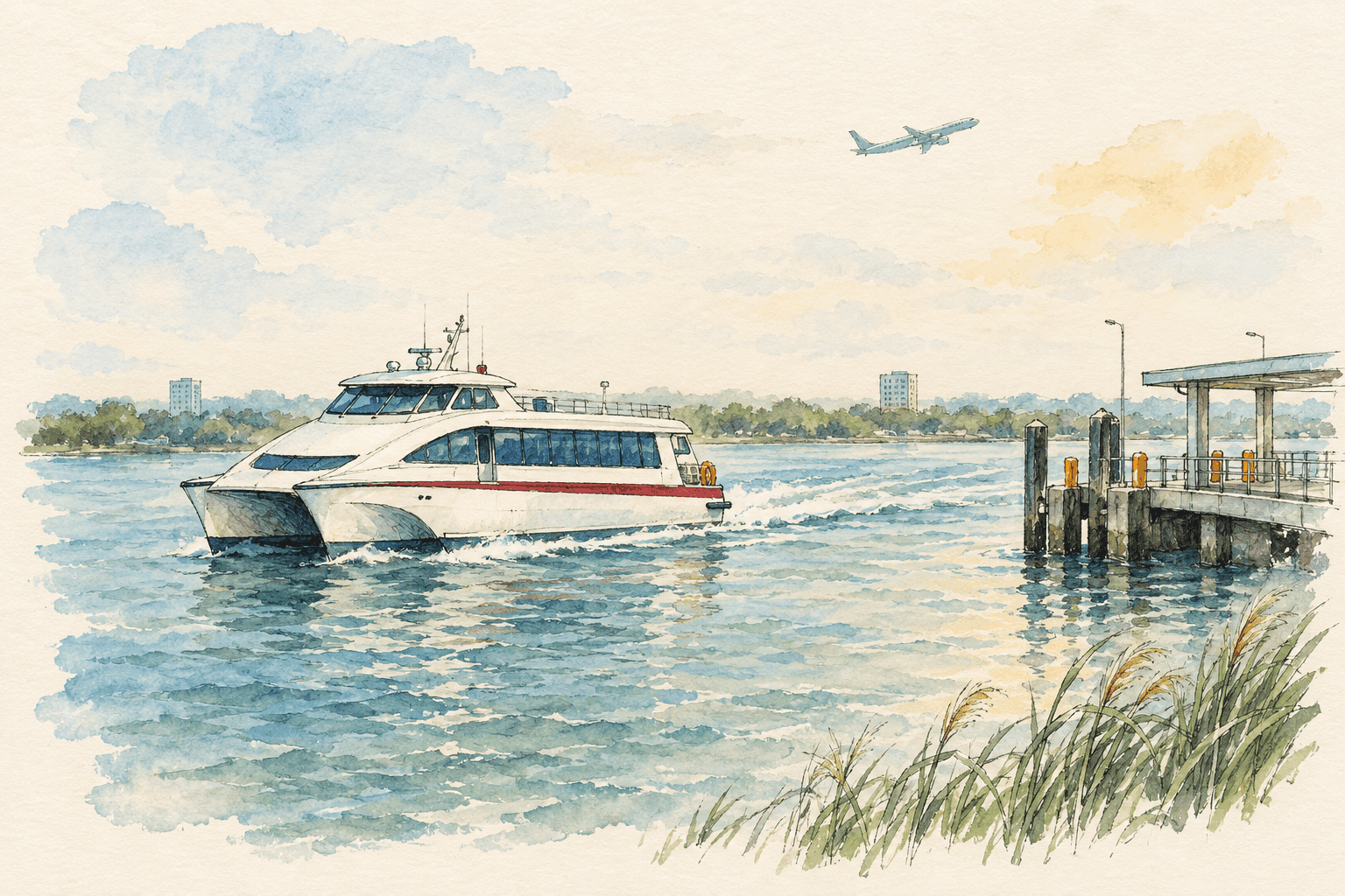 Watercolor drawing of a passenger ferry on calm water beside a pier, with a small airplane in the distance.