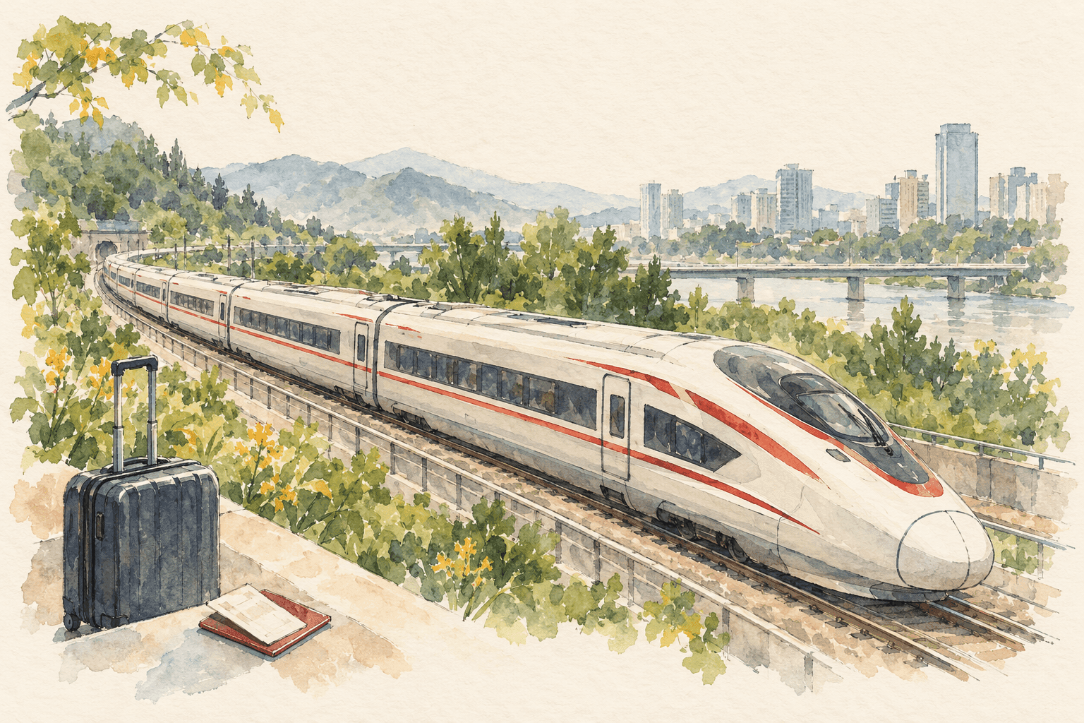 Watercolor drawing of a modern passenger train beside greenery, with a suitcase and travel document in the foreground.
